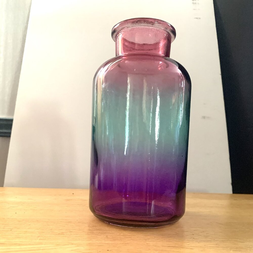BOTTLE - 8" decorative clear glass jar, bottle, vase, purple, pink green, DIY